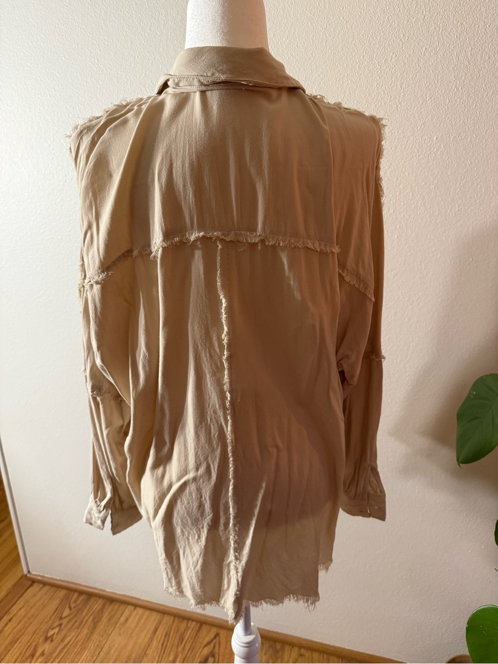 Light Beige Distressed Button-Up Shacket - Picture 3 of 5